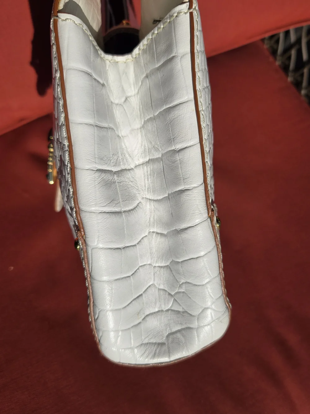 Michael Kors White Croc Embossed Leather Satchel Bag Gold Hardware Buckle Purse